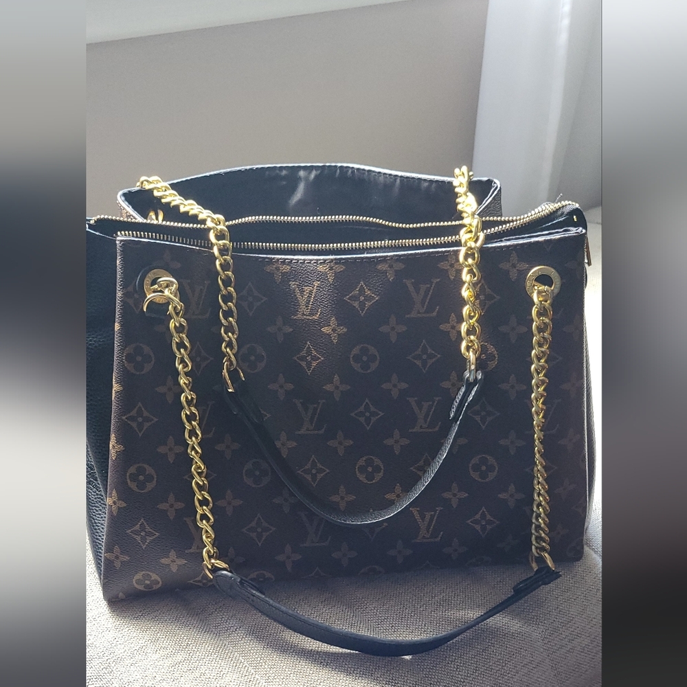 Brown Monogram Canvas Tote with Gold Chain Straps